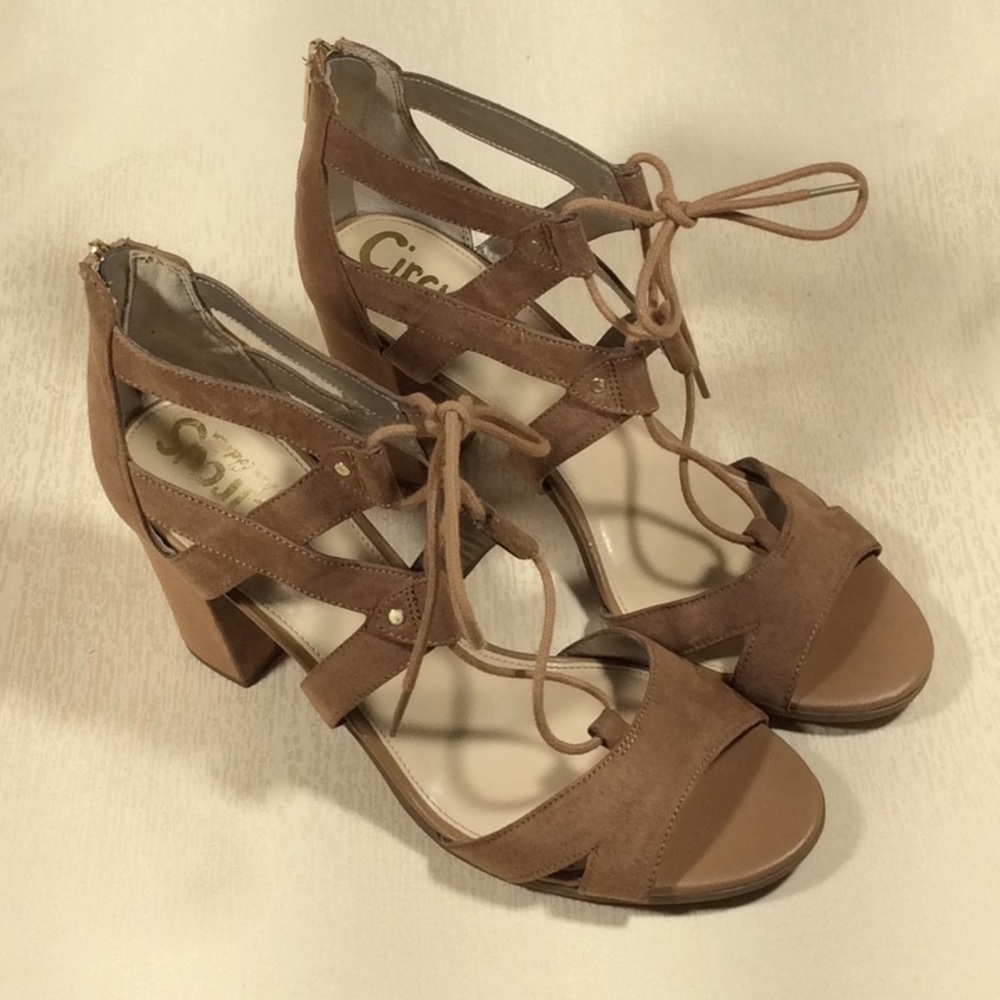 Circus Sam Edelman Emilia Tan Suede Lace Up Block Heel Gladiator Sandals Size 8